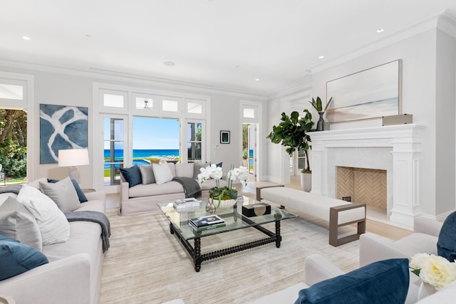 living room featuring light hardwood / wood-style floors and crown molding