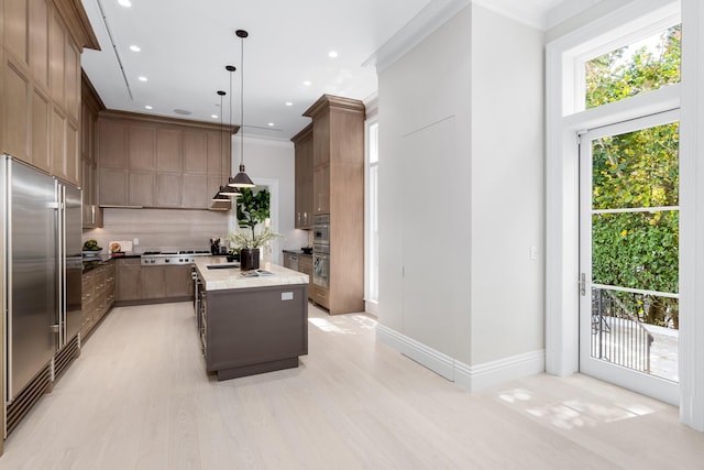 kitchen featuring crown molding, light wood-type flooring, appliances with stainless steel finishes, decorative light fixtures, and a kitchen island