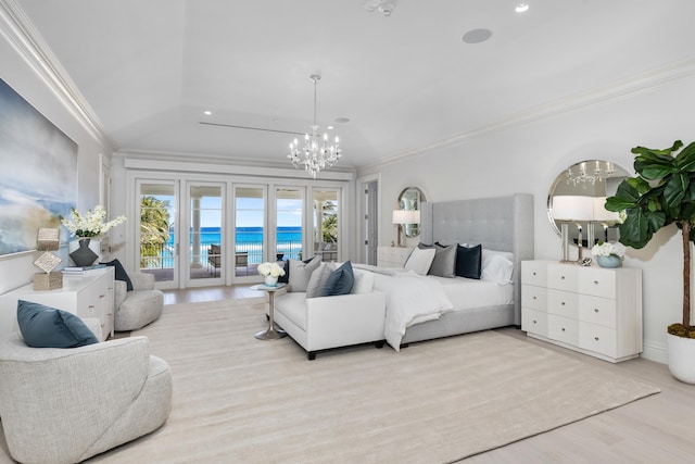 bedroom with a chandelier, light wood-type flooring, access to outside, a water view, and ornamental molding