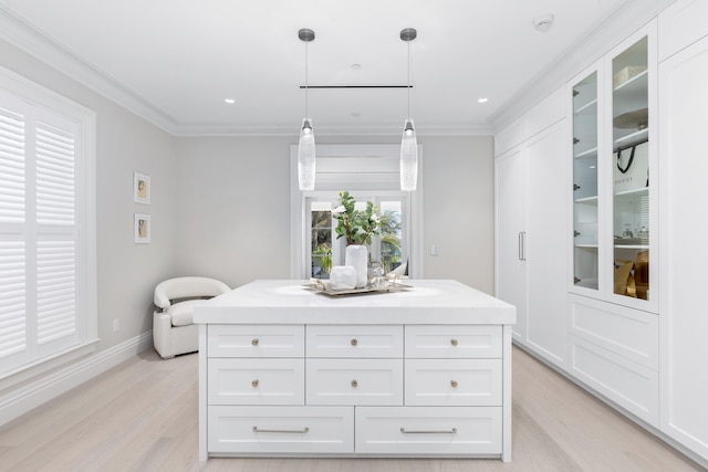 interior space featuring vanity, hardwood / wood-style flooring, and ornamental molding