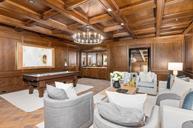 playroom featuring beam ceiling, wooden ceiling, coffered ceiling, and wood walls