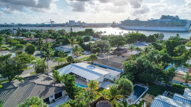 birds eye view of property featuring a water view