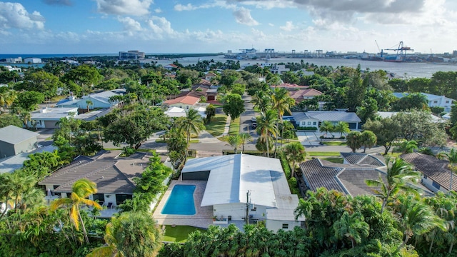 drone / aerial view with a water view