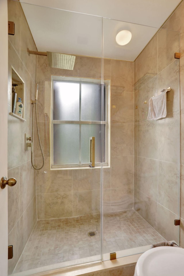 bathroom with a shower with shower door