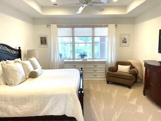 carpeted bedroom featuring a raised ceiling and ceiling fan