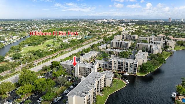 aerial view featuring a water view