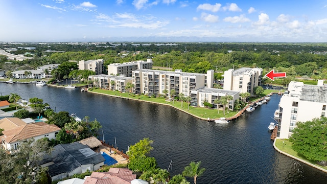 birds eye view of property featuring a water view