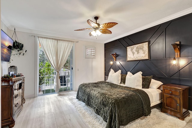 bedroom featuring access to exterior, ceiling fan, crown molding, and light hardwood / wood-style floors