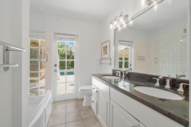 full bathroom with tile patterned flooring, toilet, plenty of natural light, and plus walk in shower