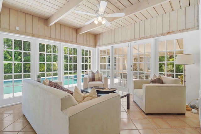 sunroom featuring beam ceiling, wooden ceiling, and a healthy amount of sunlight