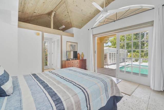 bedroom with ceiling fan, access to exterior, wood ceiling, and high vaulted ceiling