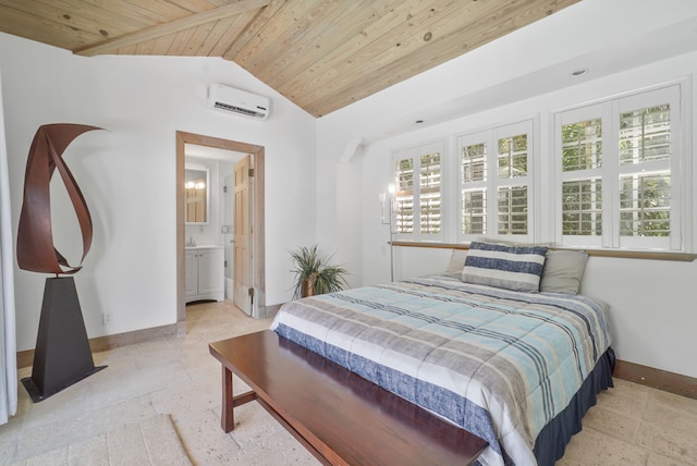 bedroom featuring vaulted ceiling, wood ceiling, a wall mounted AC, and ensuite bath