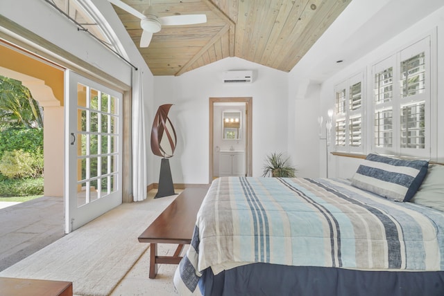 carpeted bedroom featuring ceiling fan, wooden ceiling, an AC wall unit, and lofted ceiling