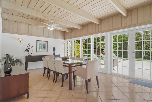 tiled dining area featuring wooden ceiling, ceiling fan, and a healthy amount of sunlight