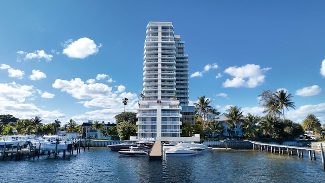 water view featuring a dock