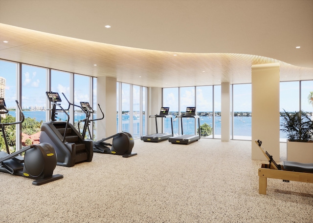 workout area featuring floor to ceiling windows, a water view, and a healthy amount of sunlight