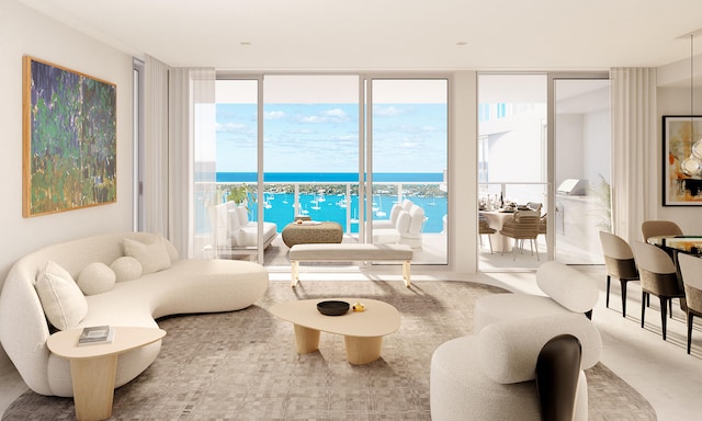 living room featuring a water view and a wall of windows