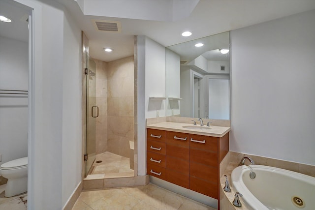 full bathroom with separate shower and tub, vanity, and toilet