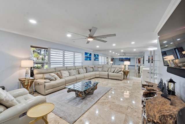 living room featuring crown molding and ceiling fan