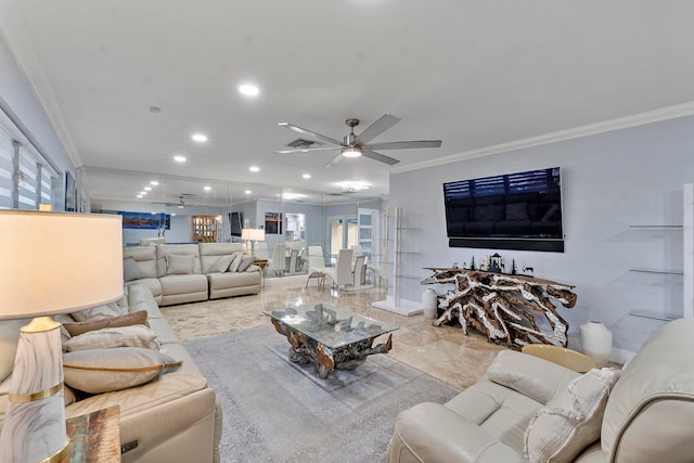 living room featuring crown molding and ceiling fan