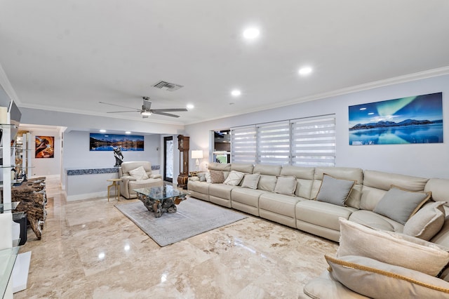 living room with crown molding and ceiling fan