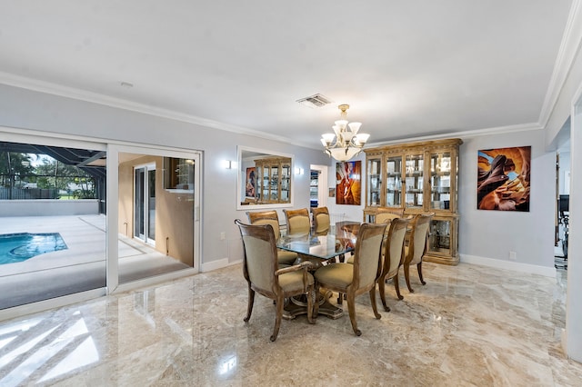 dining room with crown molding and an inviting chandelier