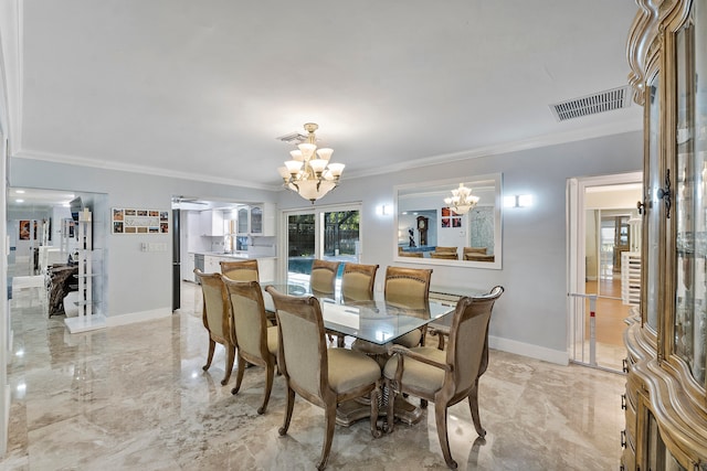 dining space featuring a notable chandelier and crown molding