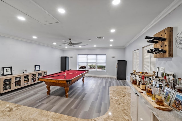 recreation room featuring ceiling fan, wood-type flooring, ornamental molding, and billiards