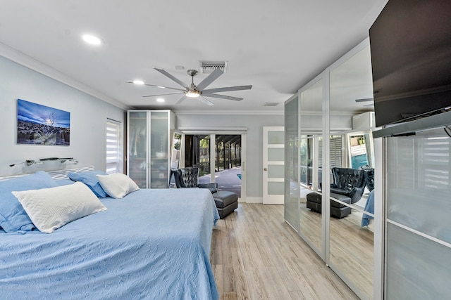 bedroom with access to exterior, ceiling fan, french doors, light hardwood / wood-style flooring, and ornamental molding