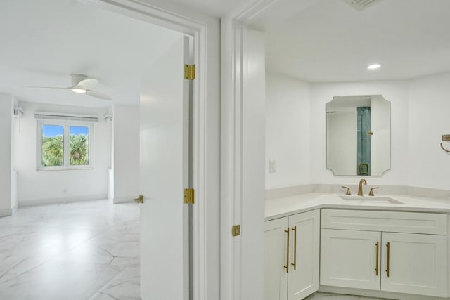 bathroom with vanity and ceiling fan