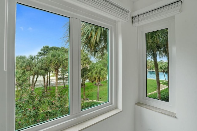 interior details featuring a water view