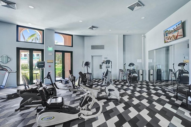 exercise room featuring french doors and a towering ceiling