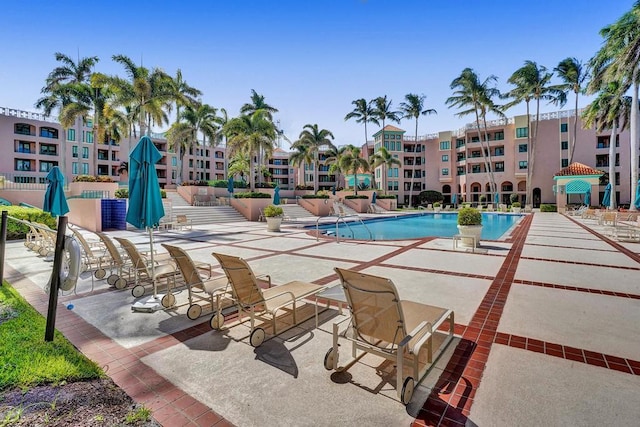 view of swimming pool featuring a patio