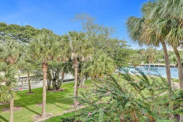 surrounding community featuring a water view and a lawn