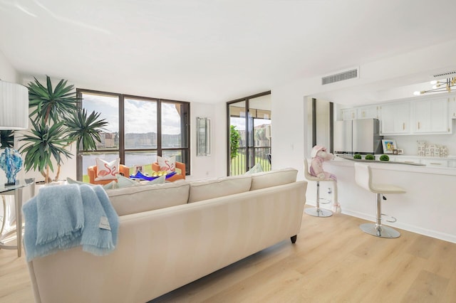 living room with light hardwood / wood-style floors and expansive windows