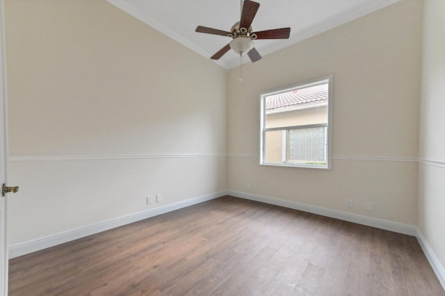 unfurnished room featuring crown molding, ceiling fan, and hardwood / wood-style flooring