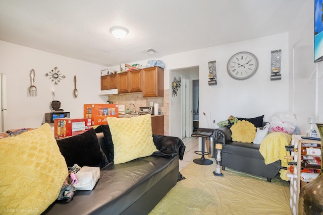 tiled living room with sink