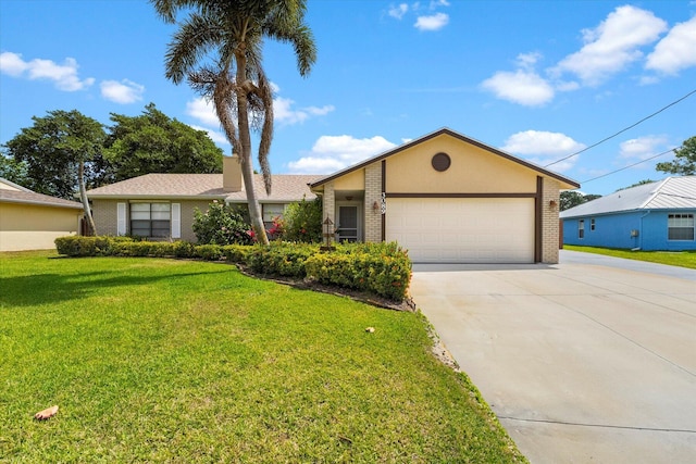 ranch-style house with a garage and a front lawn