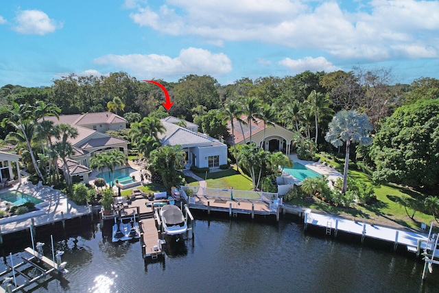 aerial view featuring a water view