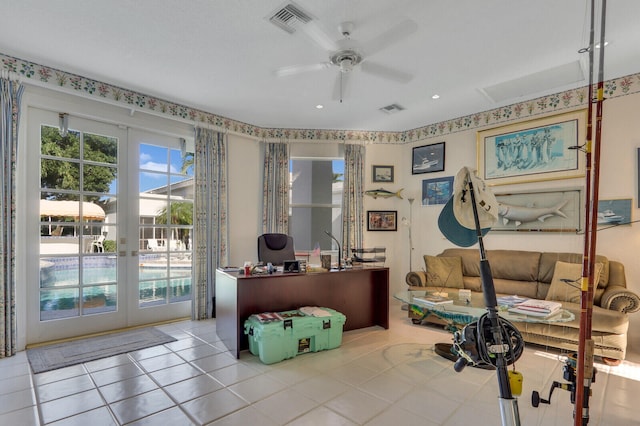 home office with ceiling fan, light tile patterned flooring, and french doors