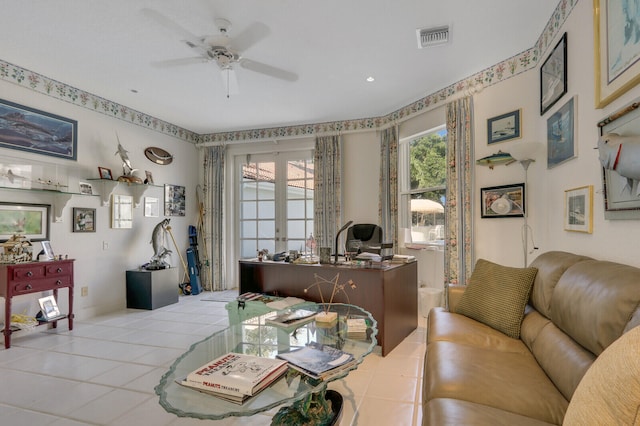 living room with ceiling fan