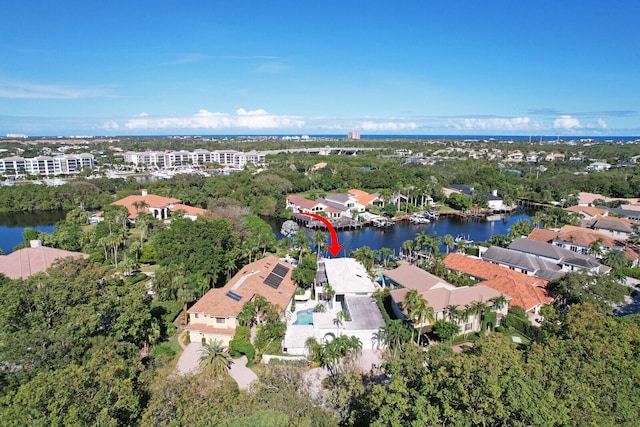 aerial view featuring a water view