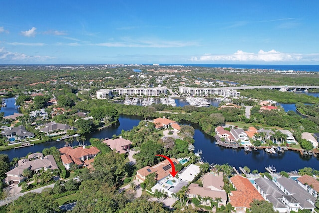 bird's eye view with a water view