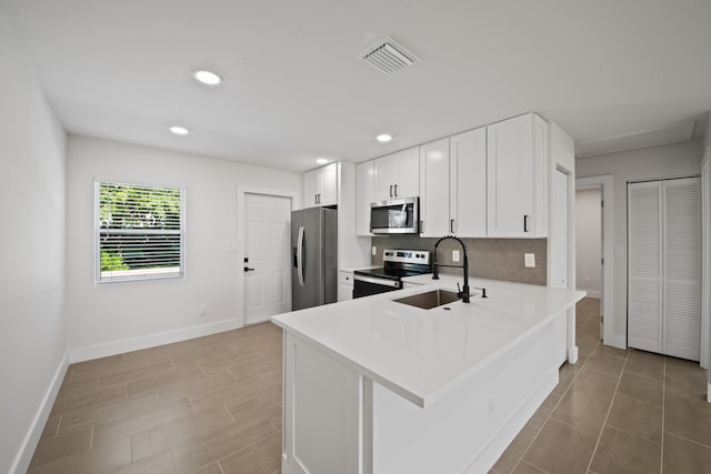 kitchen with kitchen peninsula, sink, white cabinets, and appliances with stainless steel finishes