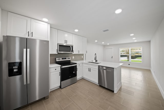 kitchen with sink, stainless steel appliances, tasteful backsplash, kitchen peninsula, and white cabinets