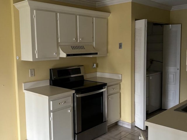 kitchen with white cabinets, extractor fan, stainless steel range with electric stovetop, and ornamental molding