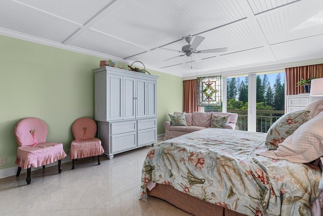 bedroom featuring crown molding, ceiling fan, and a wall of windows