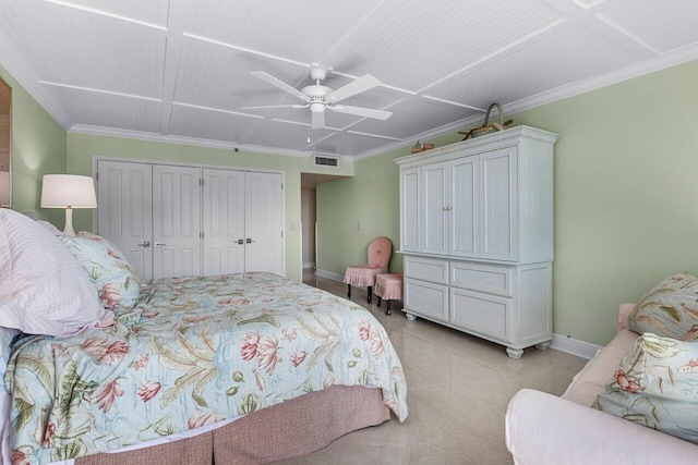 bedroom featuring multiple closets and ceiling fan