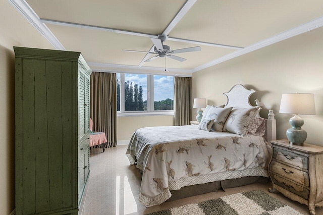 bedroom with ornamental molding and ceiling fan