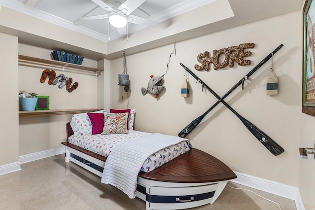 bedroom with crown molding and ceiling fan